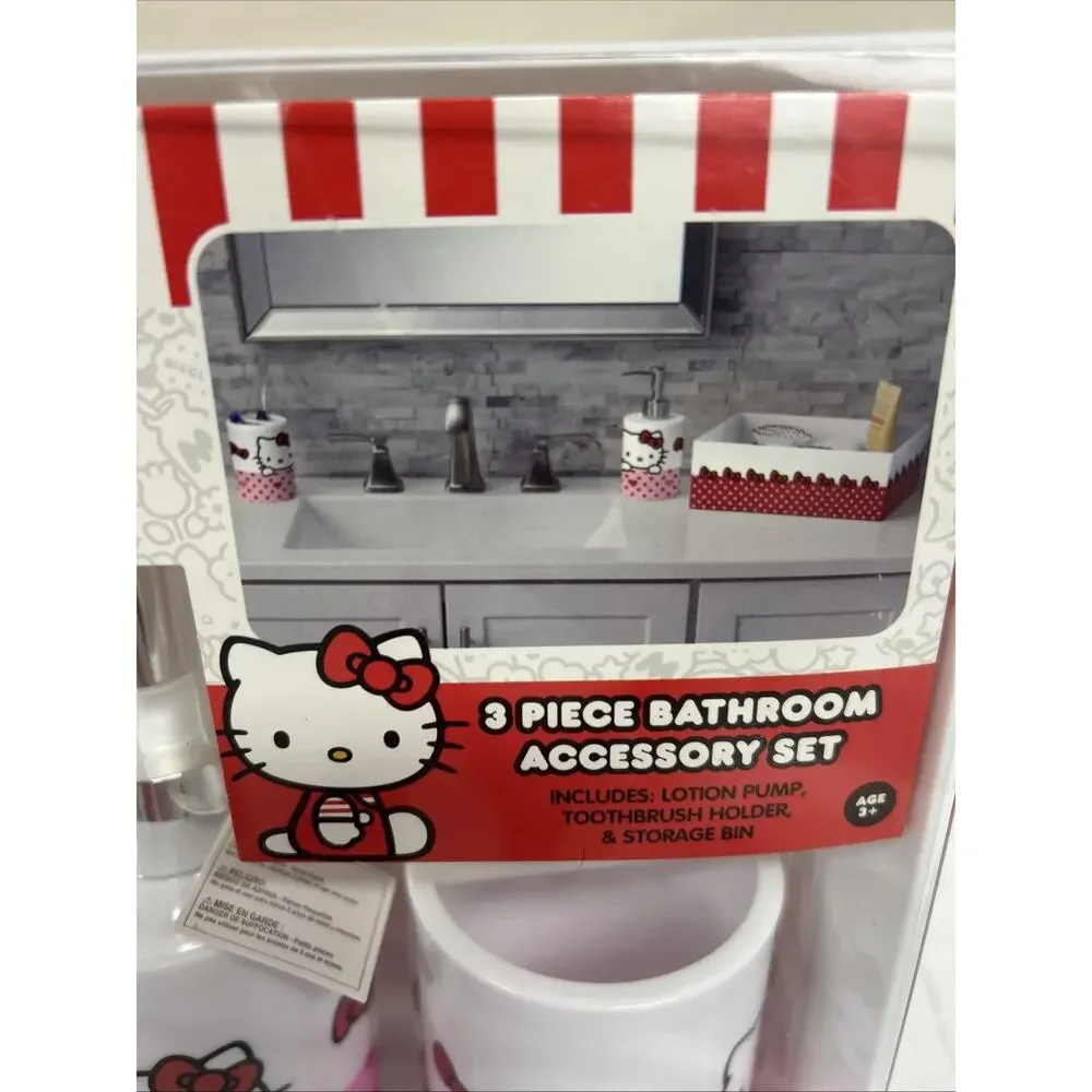 Hello Kitty 3 Pc Bathroom Accessory Set, Toothbrush Holder Soap Pump Storage Bin